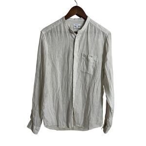 Reiss 100% Linen Grandad Band Collar Sage Green White Stripe Shirt Mens S